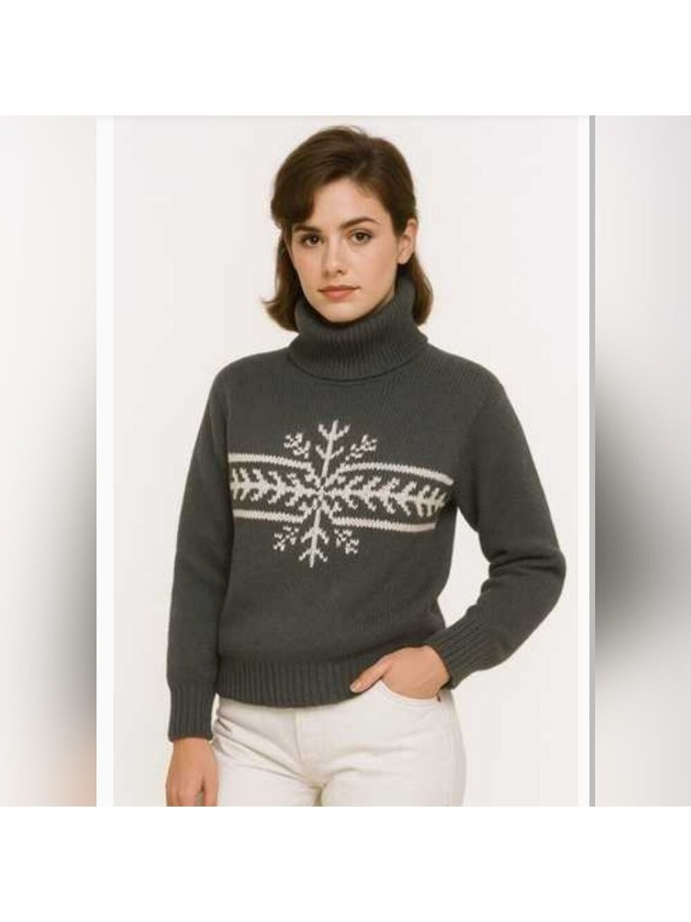 Womens vintage cotton turtleneck Tommy Hilfiger90s snowflake gray sweater Size M